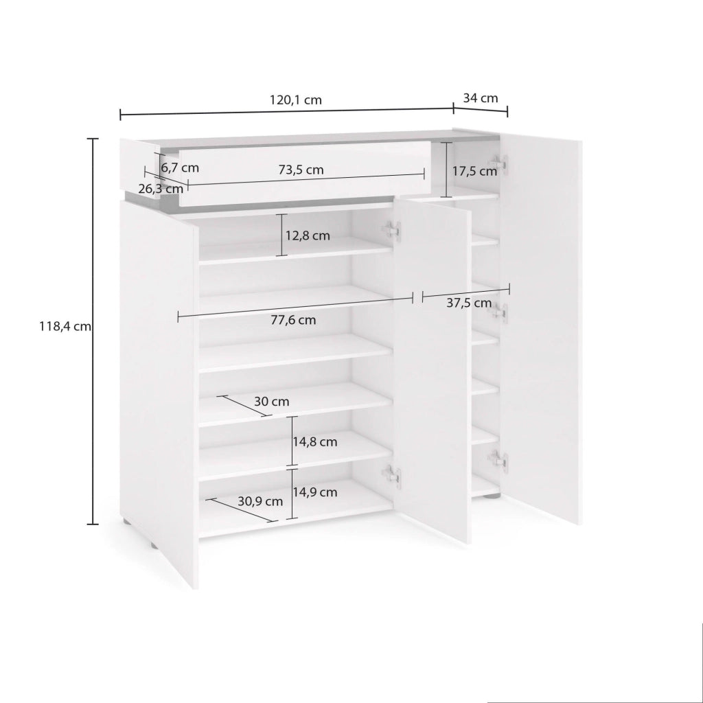 Mobile Portascarpe Joji, Scarpiera 10 Ripiani Made in Italy, 120x34x115h cm Bianco Lucido