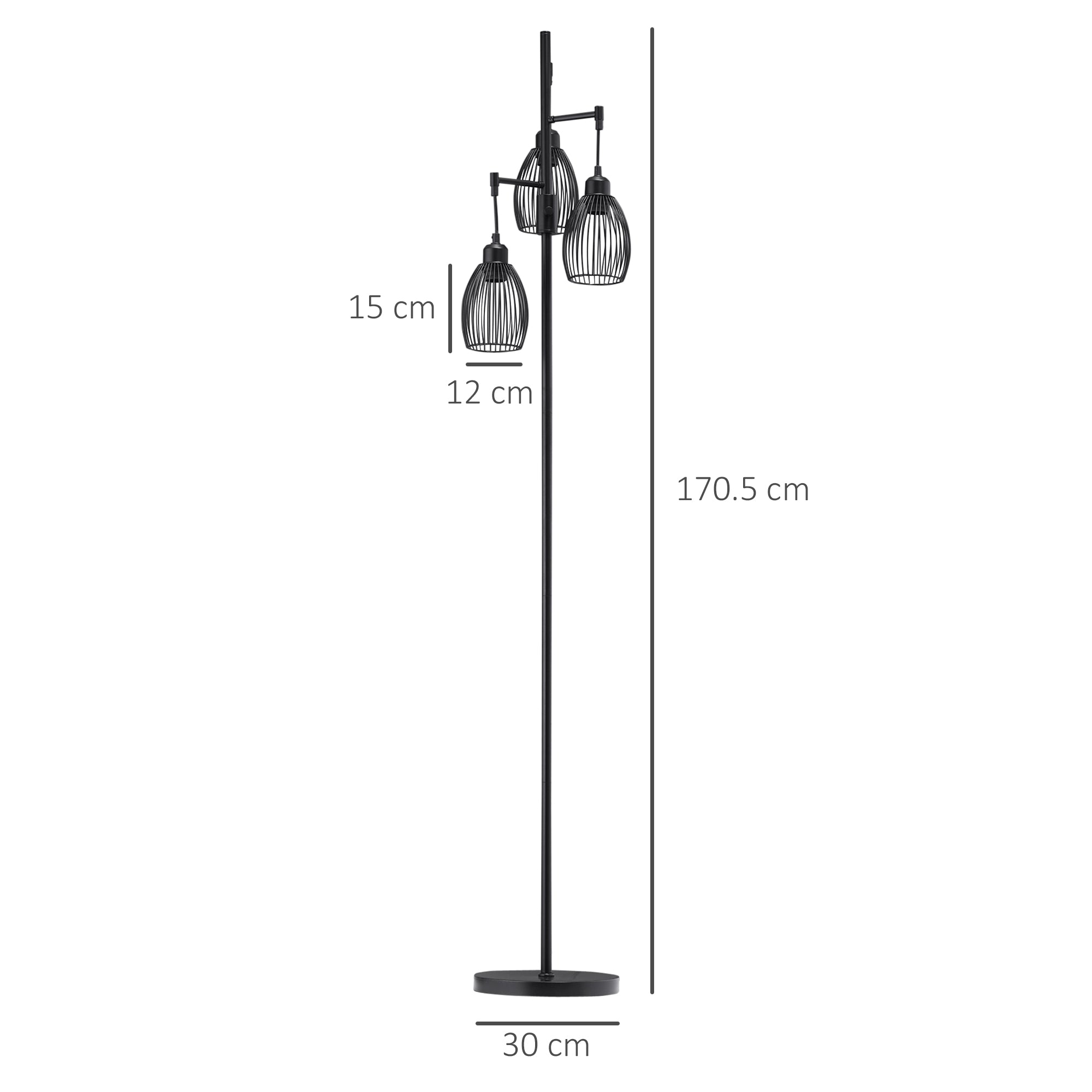Lampada da Terra Industriale 30x30x170.5 cm con 3 Paralumi e Intensità Regolabile in Acciaio Nero