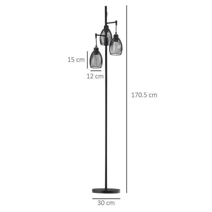 Lampada da Terra Industriale 30x30x170.5 cm con 3 Paralumi e Intensità Regolabile in Acciaio Nero