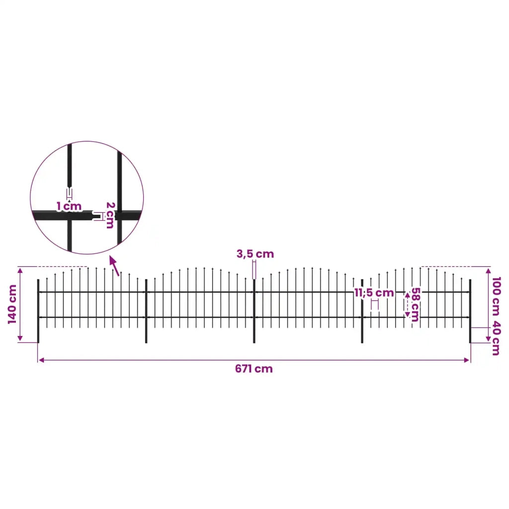 Recinzione da Giardino con Punta a Lancia in Acciaio 671x100 cm Nero 277715
