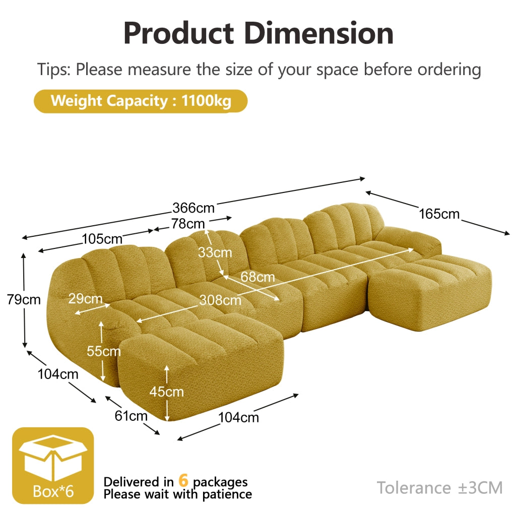 Divano angolare modulare a 4 posti con ottomano; schienale ergonomico; in pile granulato giallo