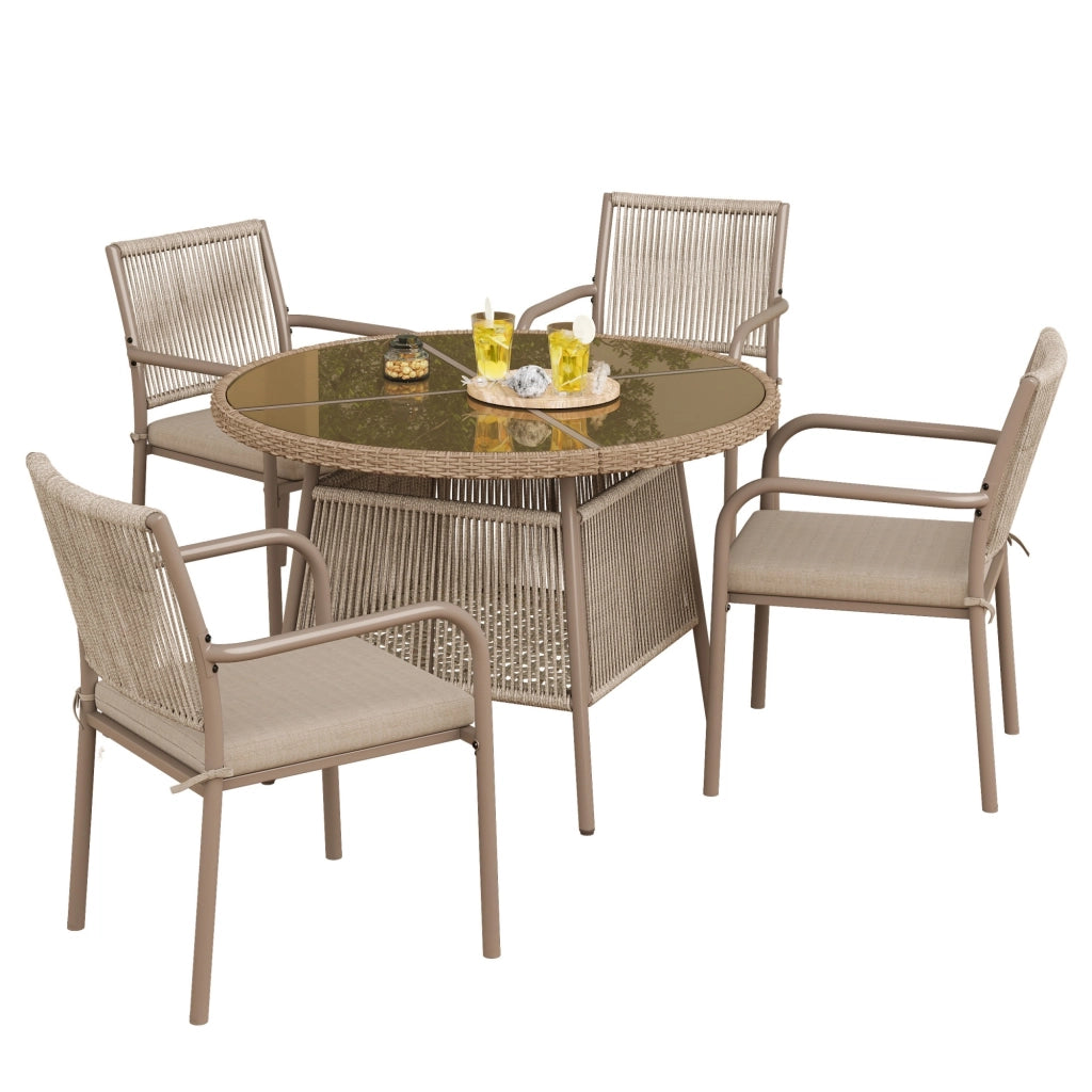 Set salotto polirattan: tavolo rotondo vetro + 4 poltrone; struttura ferro; terrazzo/balcone