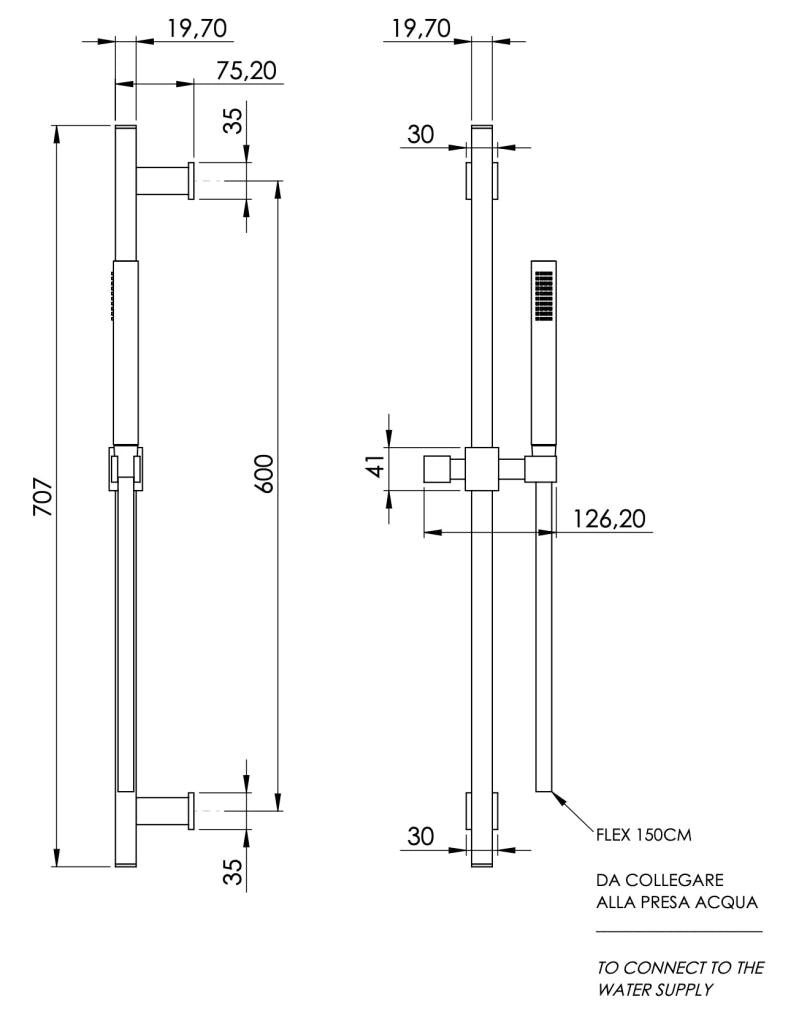 Saliscendi completo moderno quadrato in ottone cromato minimalista