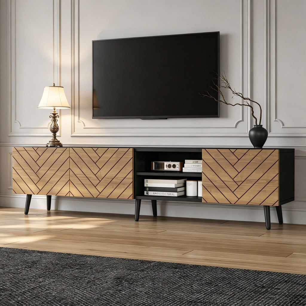 Mobile TV 180x33,5x45 cm con Ante e Passacavi ¨C MINIMAL ¨C Bianco/Nero/Legno
