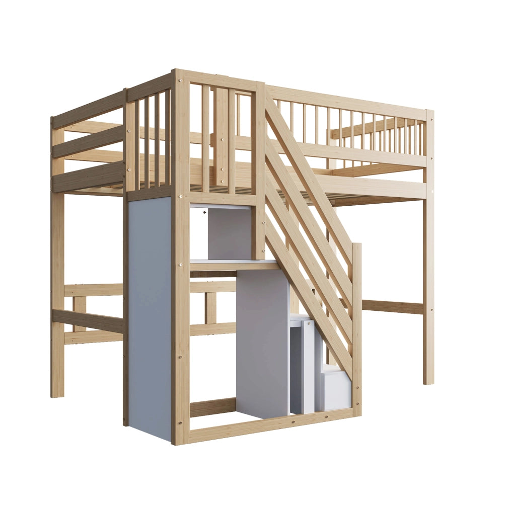 Letto a soppalco 90x200 cm con scala contenitore in legno colore naturale
