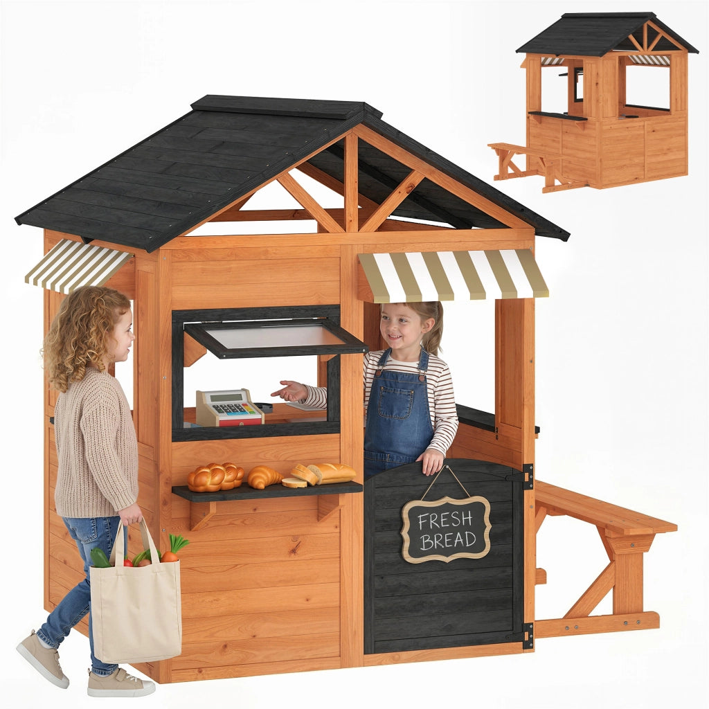 Casetta bambini in legno con cucina giocattolo e panchina ¨C zephmum ¨C marrone
