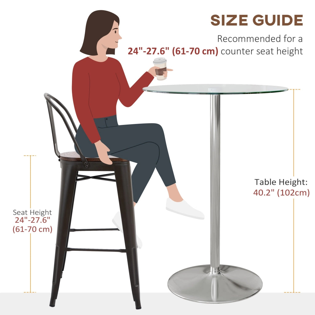 Tavolo Alto da Bar Moderno Rotondo con Base Ø70x102 cm in Acciaio e Piano in Vetro Trasparente