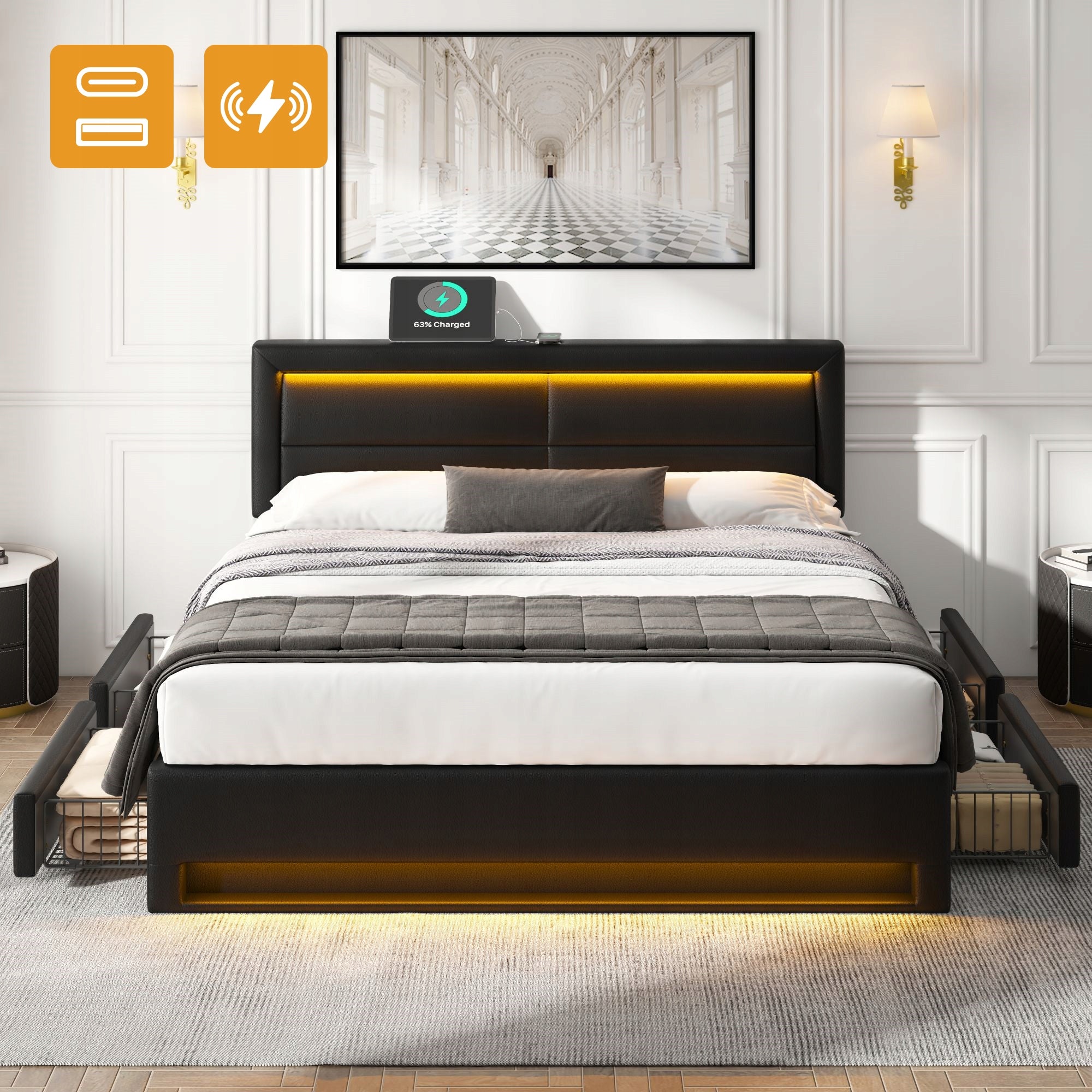 Letto 140x200cm - Xylo - USB, LED, 4 Cassetti, Pelle Nera