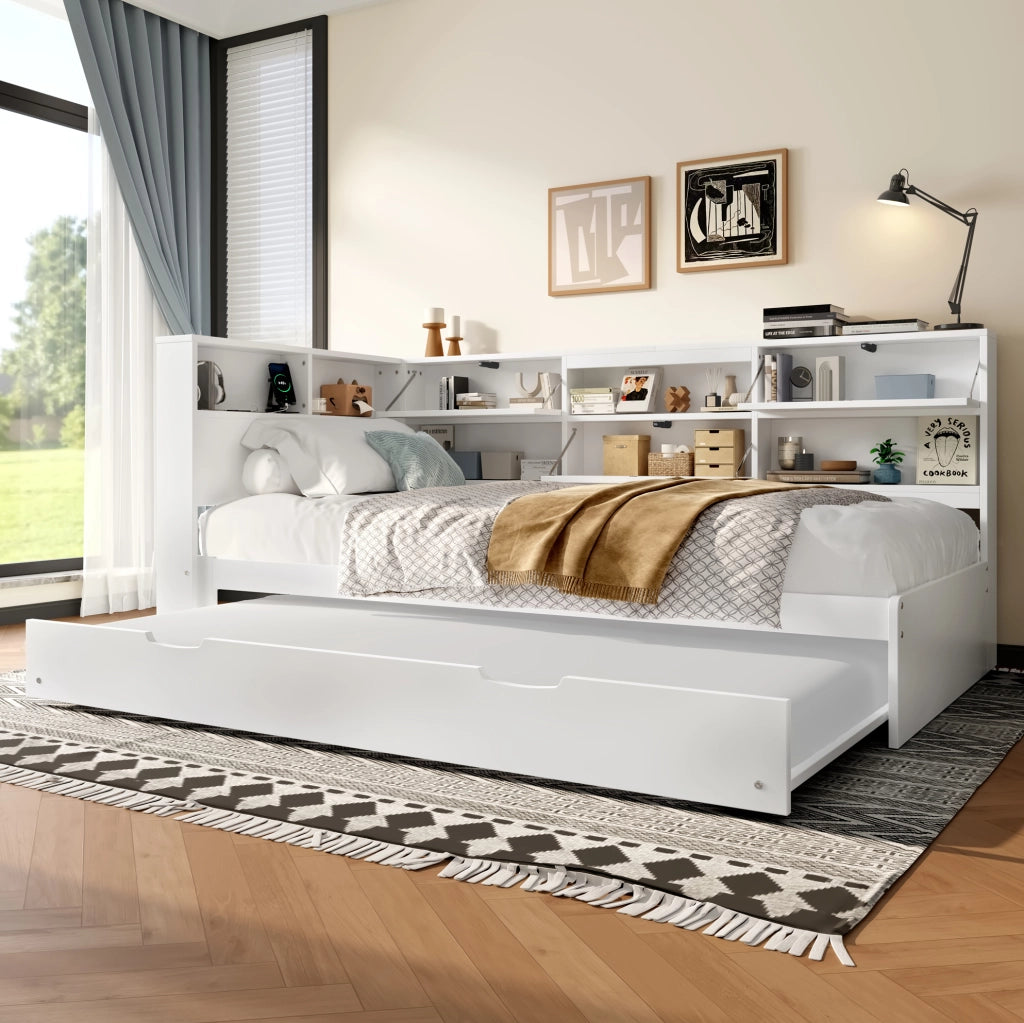 Letto 90x200 cm con testiera contenitore ed estraibile in legno bianco