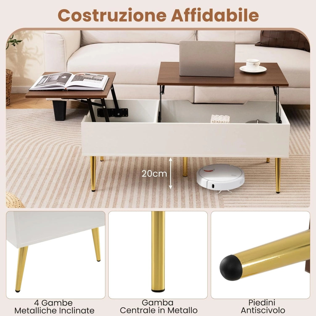 Tavolino da Caffè con Piano Sollevabile, Tavolino Moderno con 2 Scomparti Nascosti e Gambe in Metallo, Tavolo per Soggiorno, Studio e Ufficio, 111 x 48 x 40-53,5 cm (Noce)