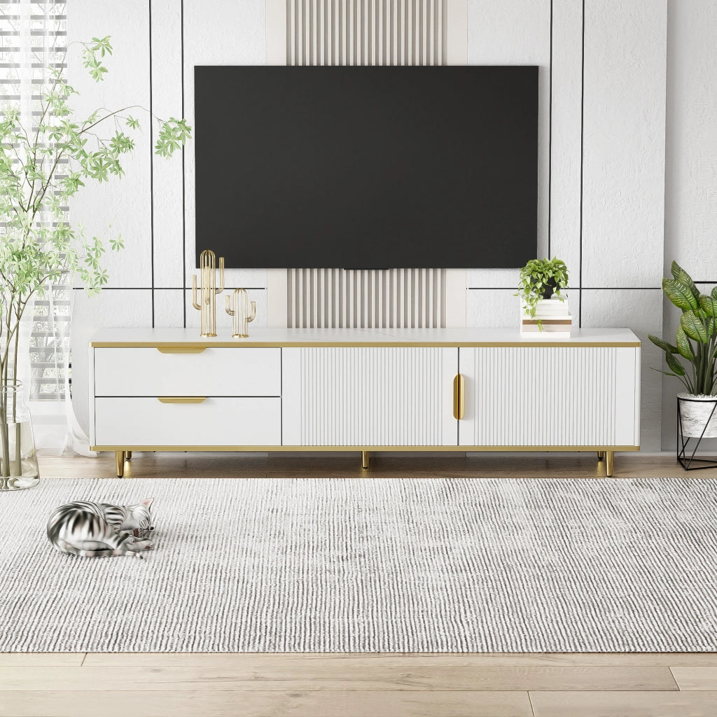 Mobile porta TV con 2 cassetti e 2 vani a giorno in MDF e pannello truciolare bianco e oro 170 × 37 × 45 cm