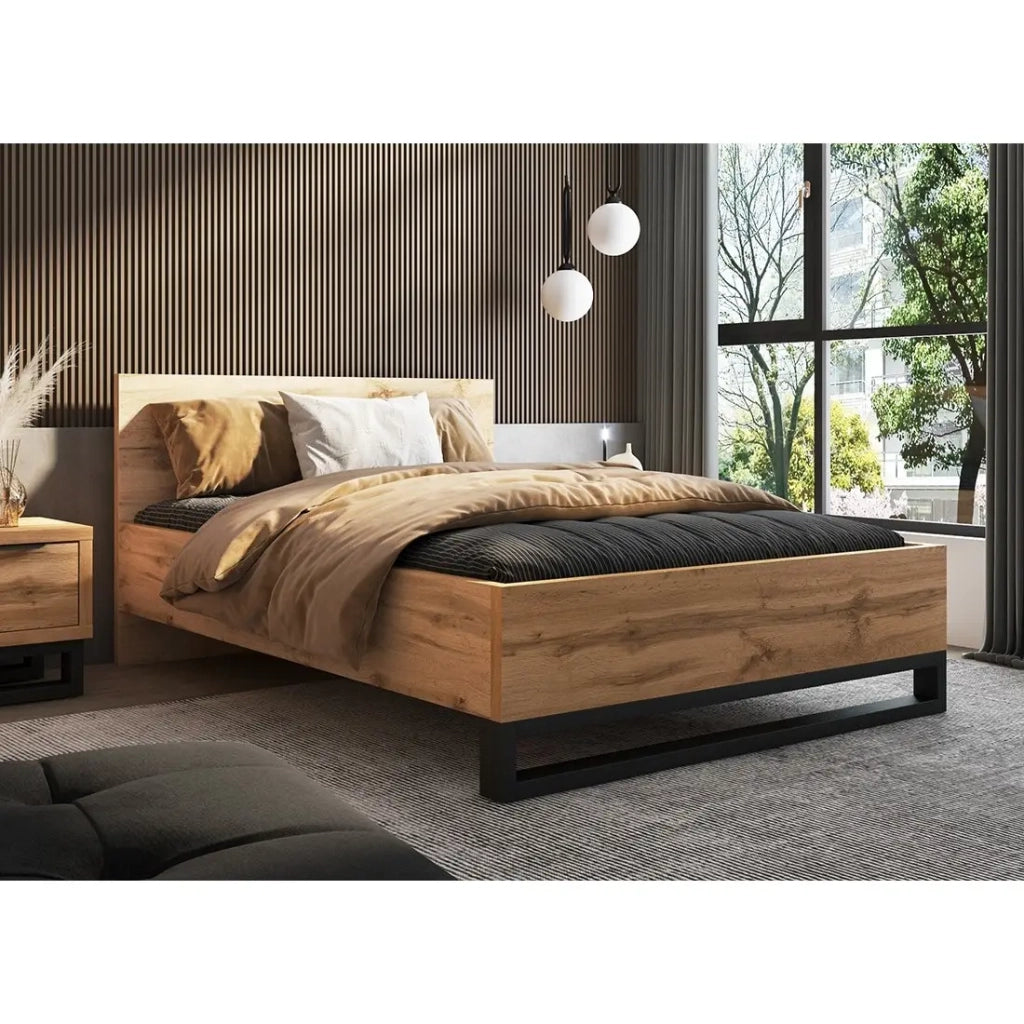 Set letto 160x200 e due comodini stile industriale - Collezione MILOS. Colori quercia grezza e nero. Rete inclusa
