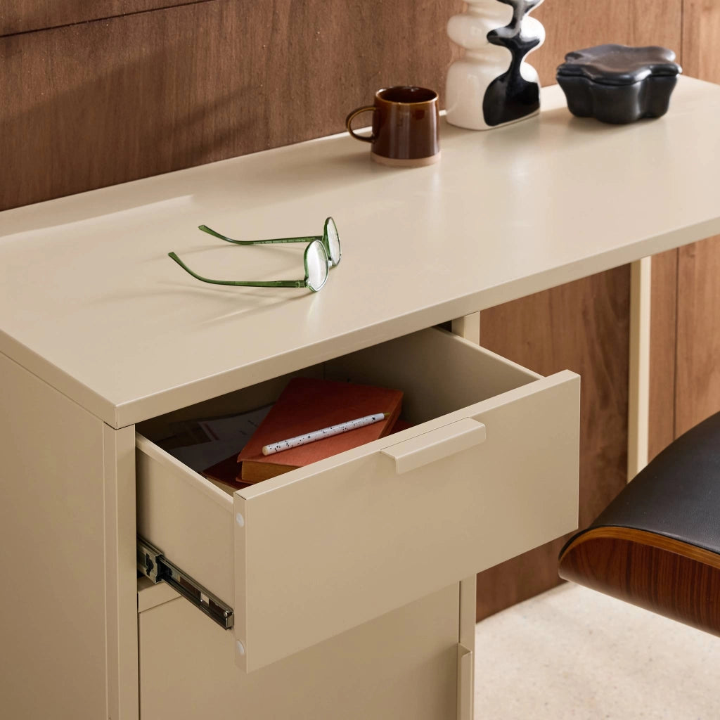 Scrivania per bambini in acciaio laminato, 1 cassetto, beige