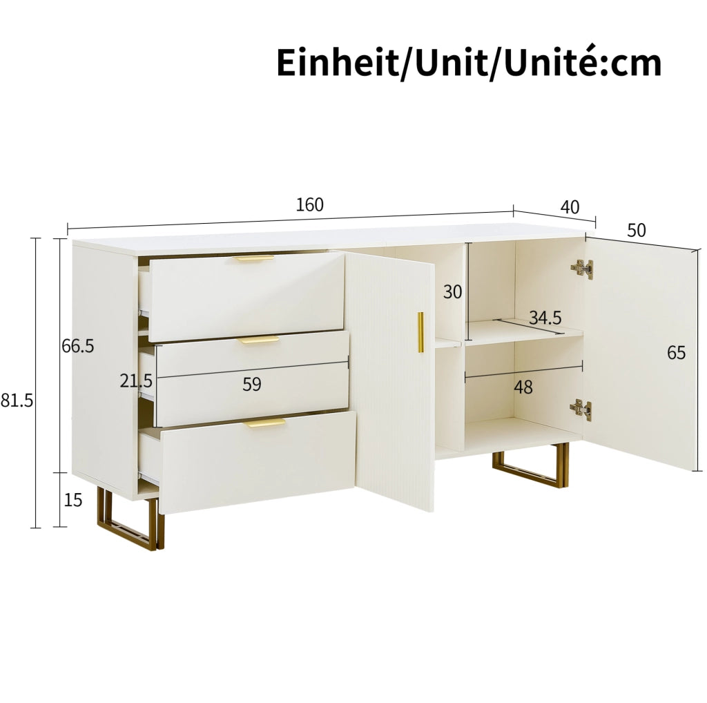 Credenza moderna bianca 160 cm con 2 ante e 3 cassetti