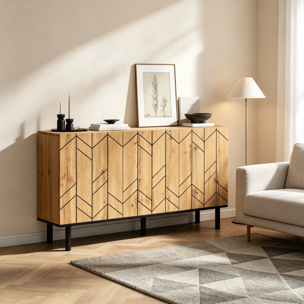Credenza moderna con 3 ante e gambe in metallo, per soggiorno e sala da pranzo, in truciolare, rovere nero, 120 × 35 × 70 cm