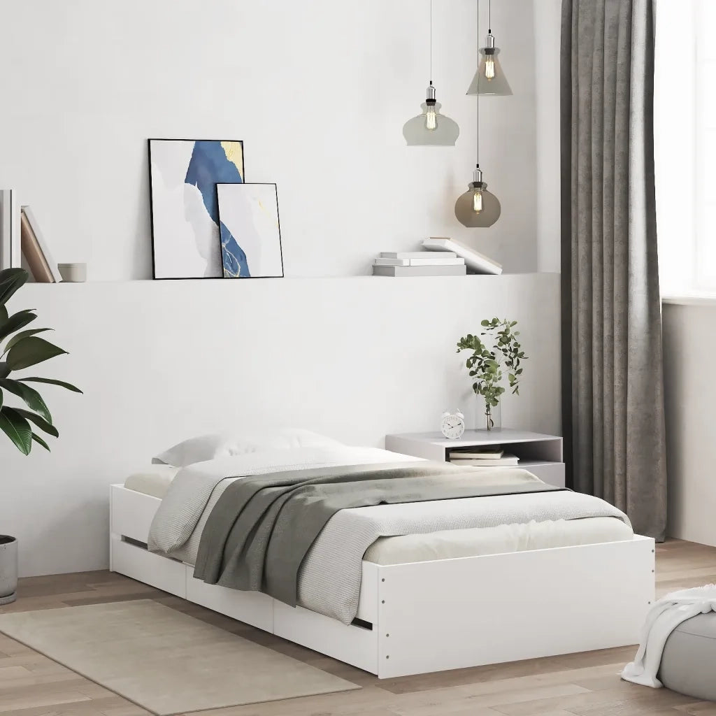 Letto singolo | Letto per adulti | Giroletto con Cassetti Bianco 90x190 cm in Legno Multistrato
