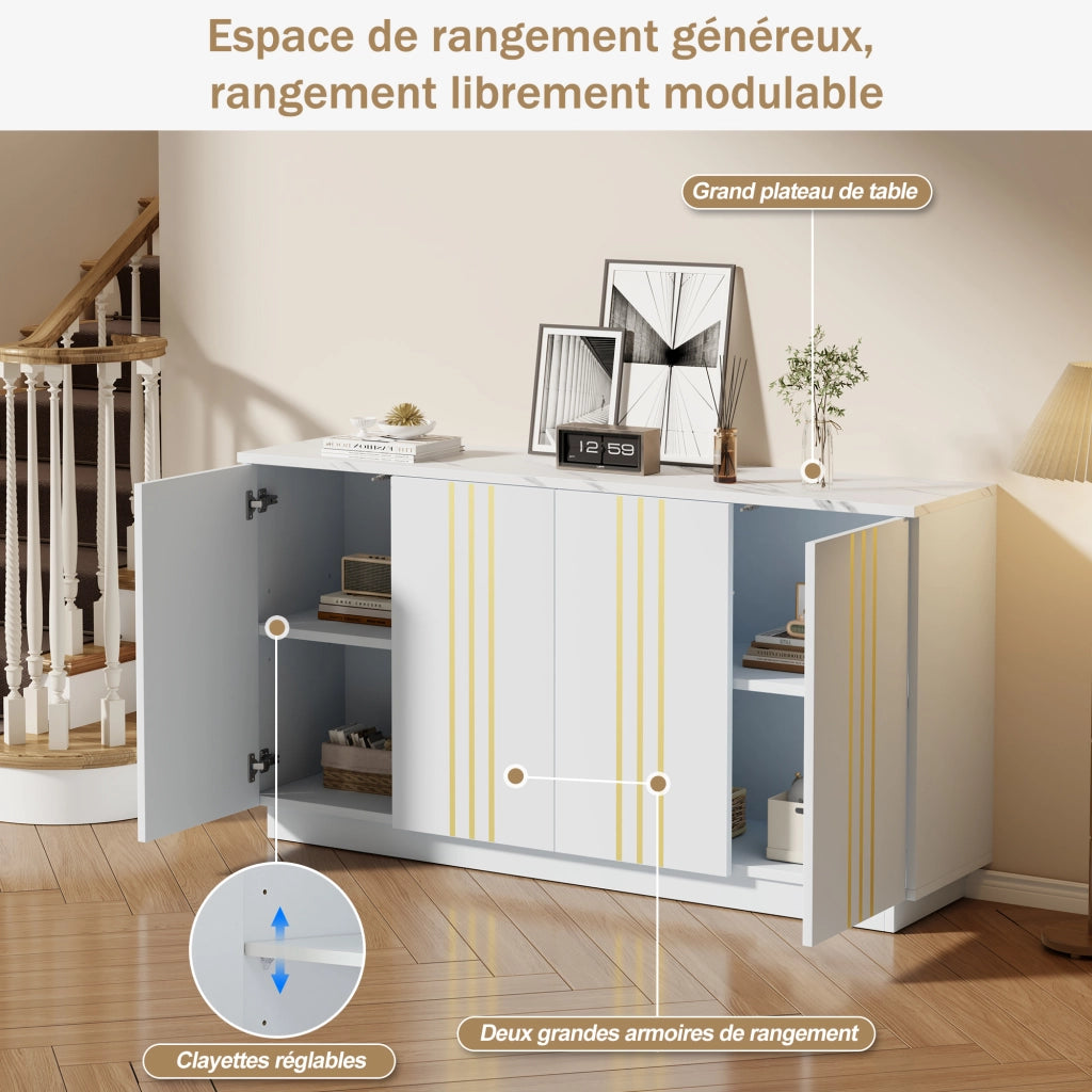 Credenza con 4 ante e ripiani regolabili, per soggiorno e ingresso, in truciolare, bianco e oro, 35 × 140 × 70 cm