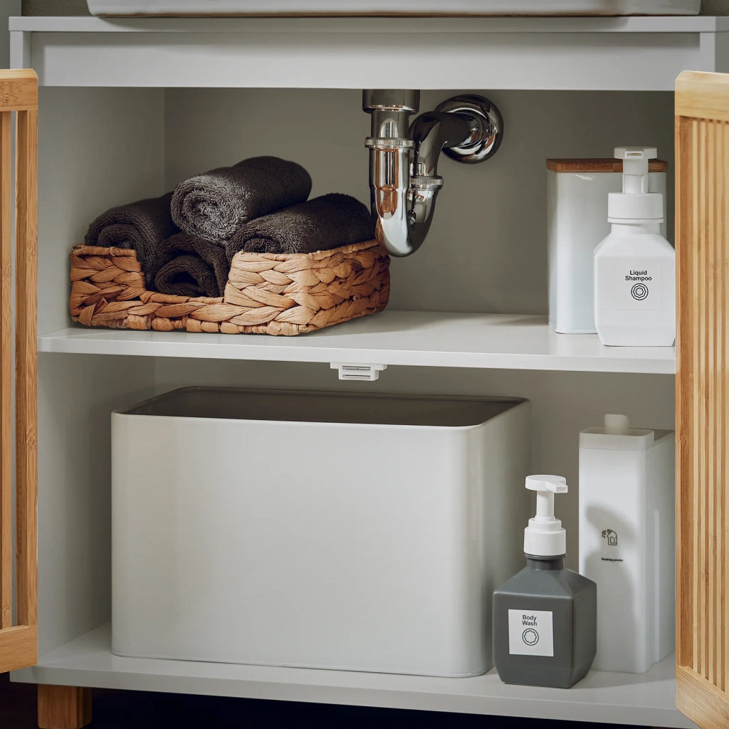 Mobile Sottolavabo Con Due Ante In Bambù Mobile Base Mobiletto Del Bagno Senza Lavandino Bianco-Naturale 60x33x60cm BZR125-W SoBuy
