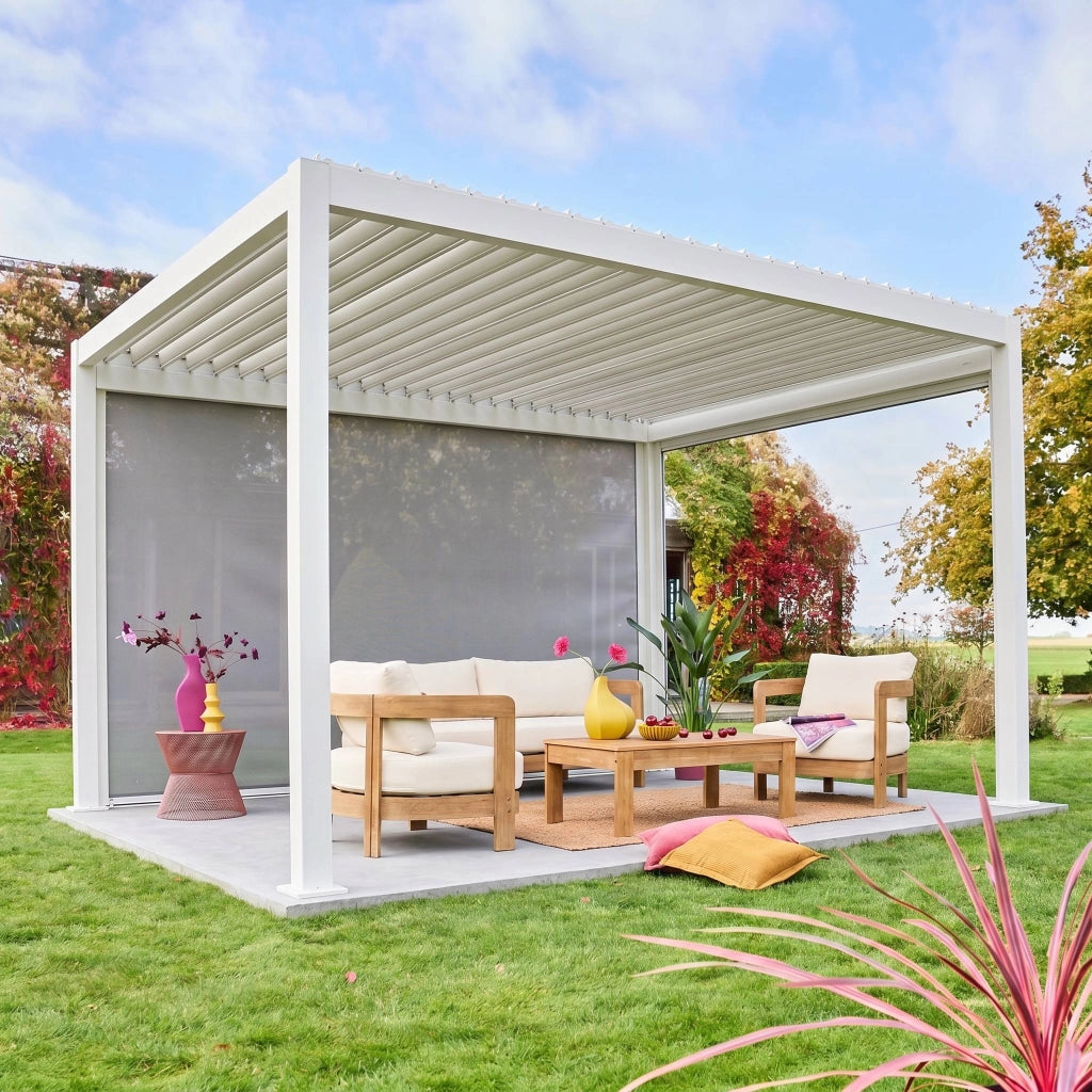 Pergola bioclimatica 3x4m in alluminio + tenda da sole 4m, bianco
