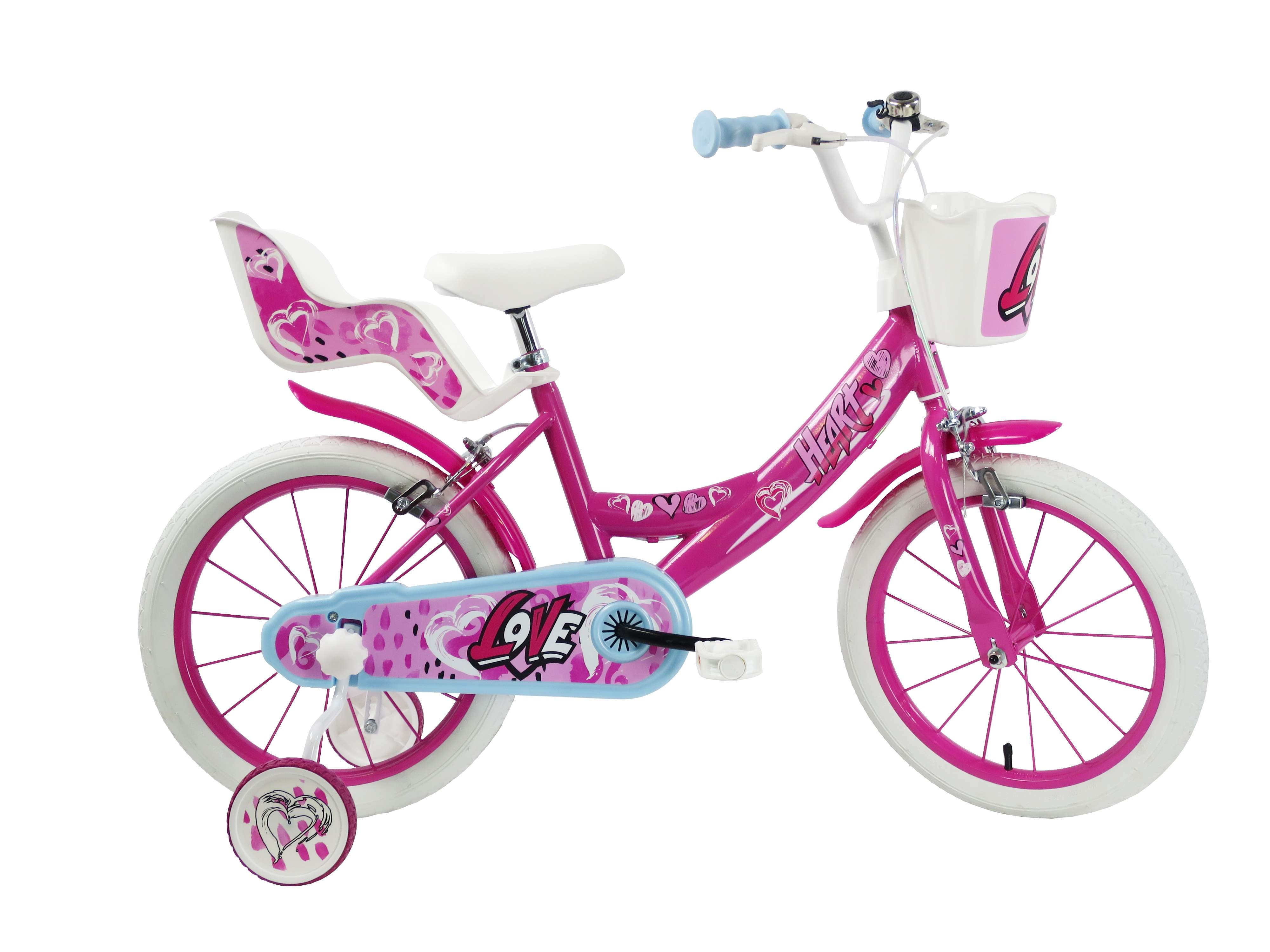 SCH HEART 16", bicicletta per bambini, adatta tra i 5 e i 7 anni, per altezza tra 105 e 135 cm, con cestino, campanello 