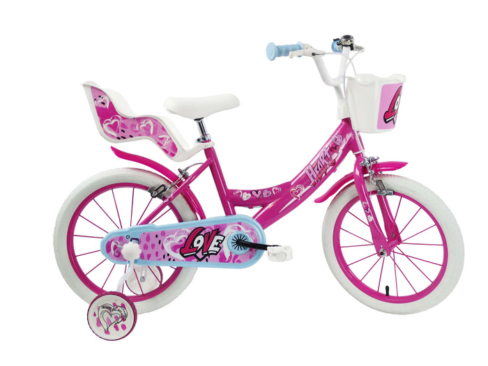 SCH HEART 16", bicicletta per bambini, adatta tra i 5 e i 7 anni, per altezza tra 105 e 135 cm, con cestino, campanello 