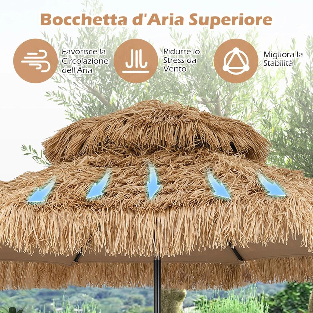 Ombrellone da Spiaggia 300 cm, Ombrellone Hawaiano in Paglia PE con 8 Stecche, Manovella Manuale, Inclinazione Regolabile, Ombrellone Portatile per Spiaggia, Patio