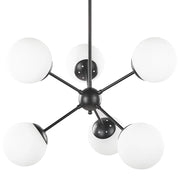 Lampada a Sospensione in Metallo Nero da 100 cm con 6 Lampadine e Paralumi in Vetro Bianco