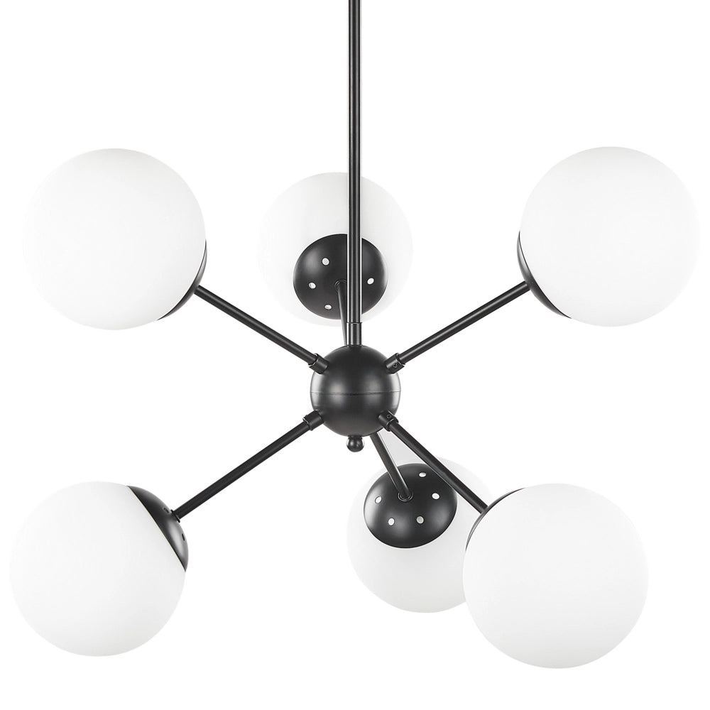 Lampada a Sospensione in Metallo Nero da 100 cm con 6 Lampadine e Paralumi in Vetro Bianco