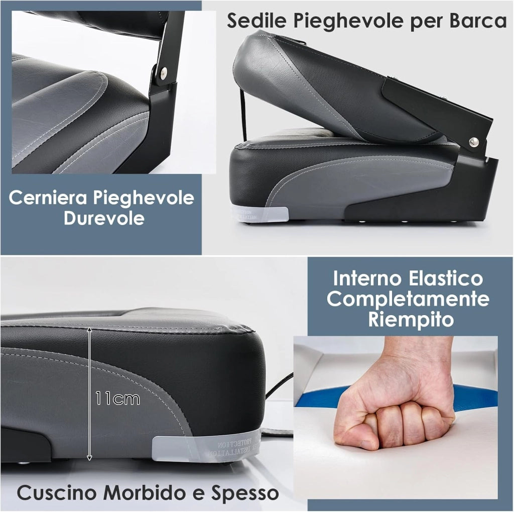 Set di 2 Sedie da Barca Con Schienale Basso, Pieghevole, Con Schiuma Spessa, Cinghia di Fissaggio, 50 x 42 x 52 cm (Grigio+Nero)