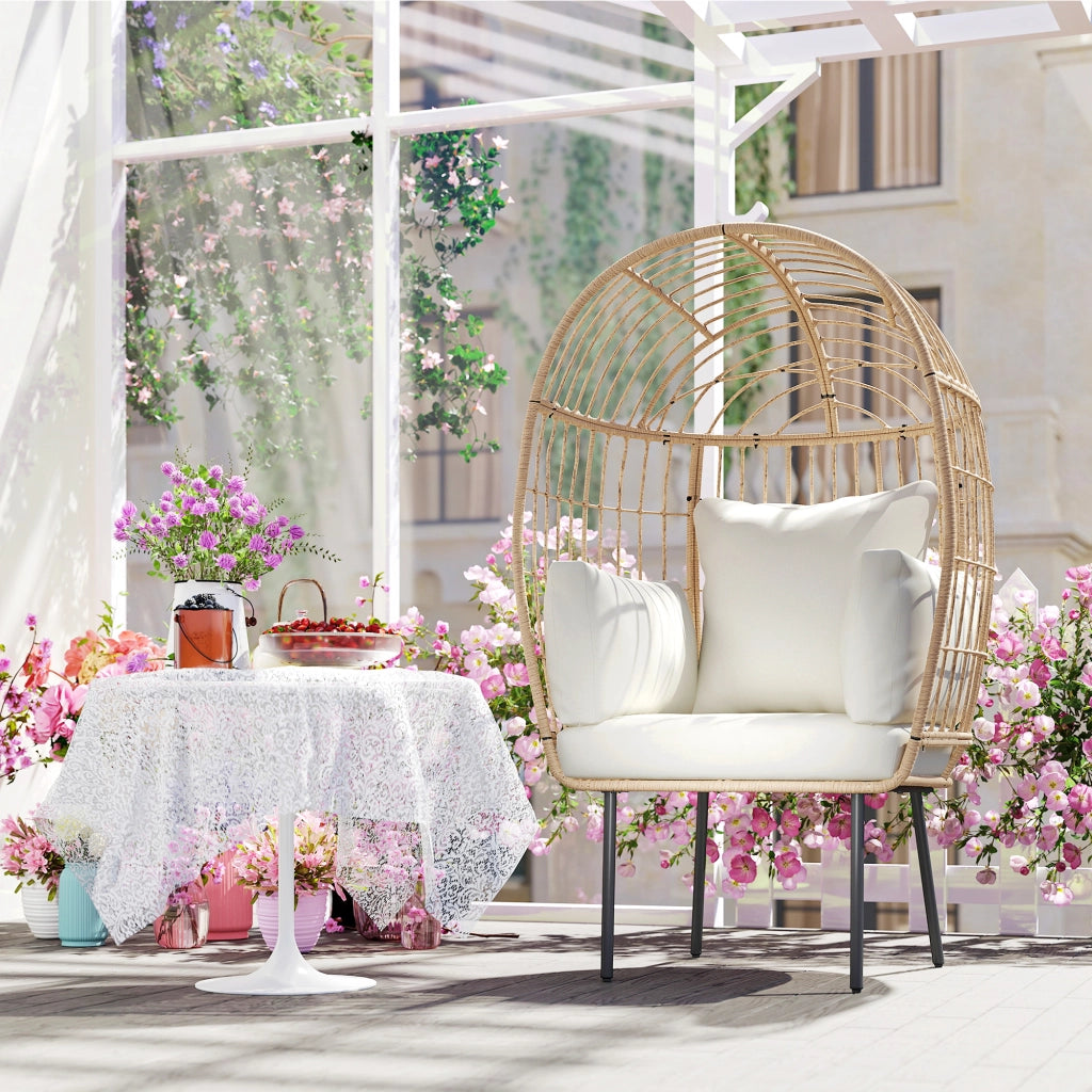 Poltrona a forma di raten a forma d'uovo con cuscino rimovibile; 95 x 80 x 155 cm; beige; sdraio da esterno
