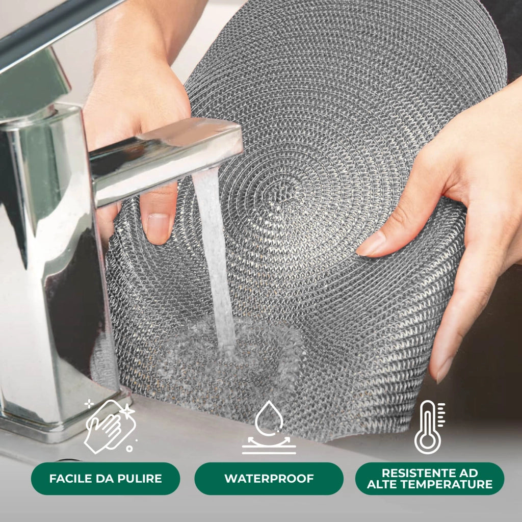 Set 4 Sottopiatti Natalizi Rotondi Ø38 cm Tovagliette Decorazione Tavola in Poliestere Intrecciato Sottopiatti Eleganti per Natale e Capodanno Argento