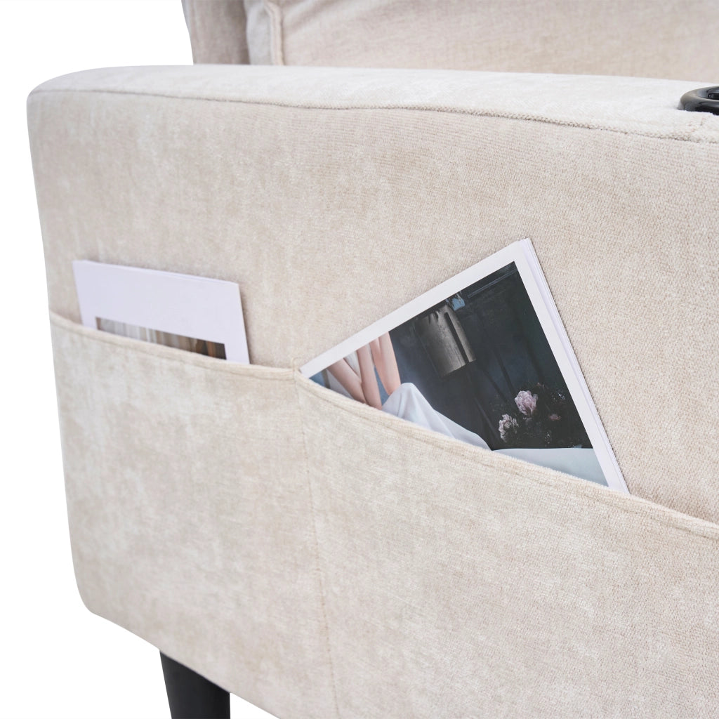 OKWISH Divano ad Angolo con USB e USB-C, Portabicchieri e Tasche Laterali, Pouf Modulare, Lino Beige 202 x 137 x 80 cm