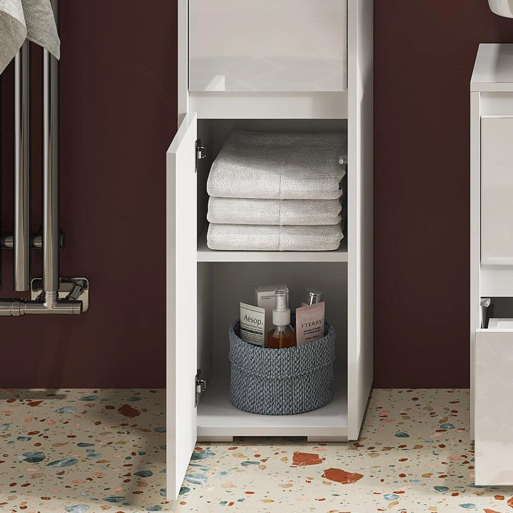 Mobiletto bagno Majest, Bianco lucido, 30.2 x 96.3 cm, per la conservazione di accessori da bagno e combinabile