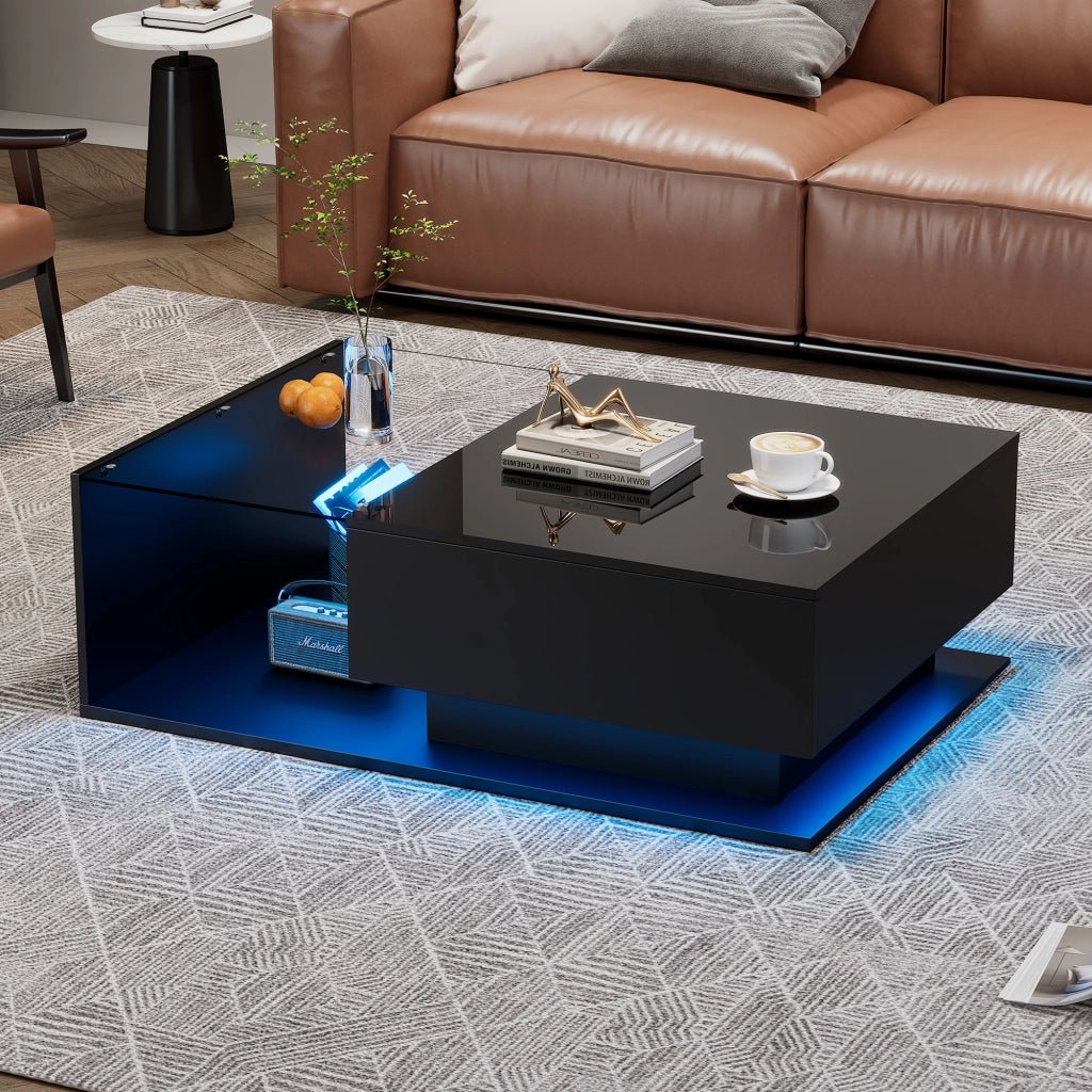 Tavolino da caffè con 1 Cassetto e LED tramite App; Piano in Vetro e Finitura Lucida; in Pannelli di Particelle; 100×50×32 cm; Nero