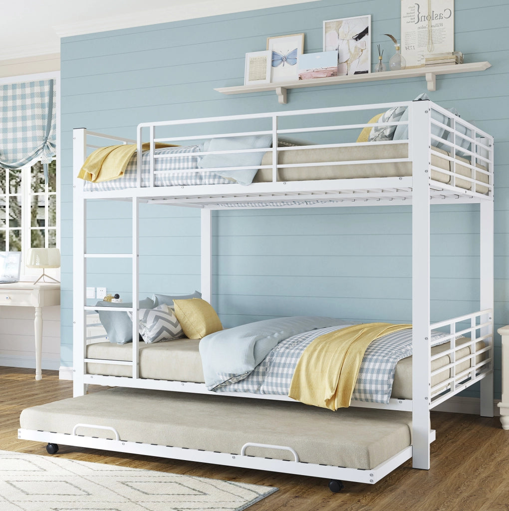 Letto a castello triplo con letto estraibile 205x145x170 cm in metallo bianco opaco