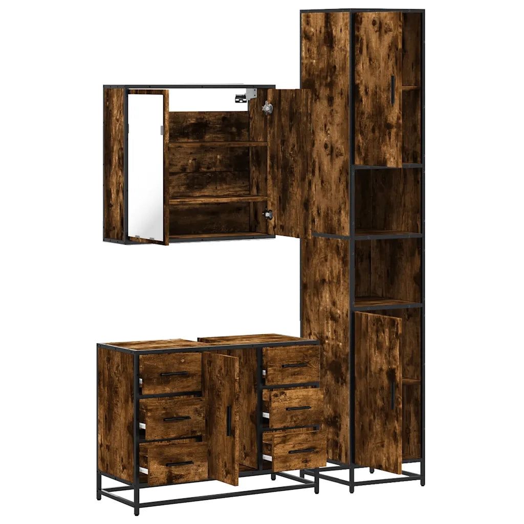 Set Mobili da Bagno 3 pz Rovere Fumo in Legno Multistrato 3301082