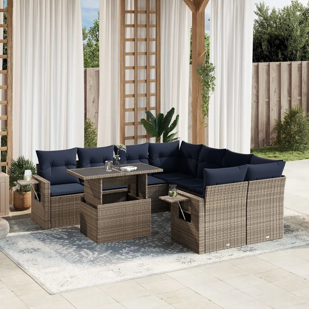 Set Divani da Giardino 9 pz con Cuscini Grigio in Polyrattan 3267801