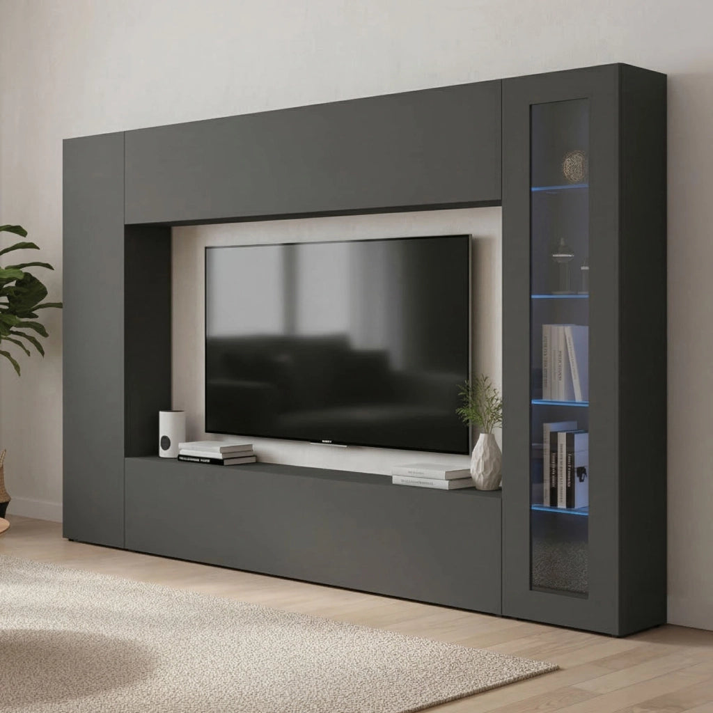 Mobile Soggiorno Alatri, Parete Attrezzata 11 Ripiani Made in Italy, 260x30x180h cm Nero Antracite