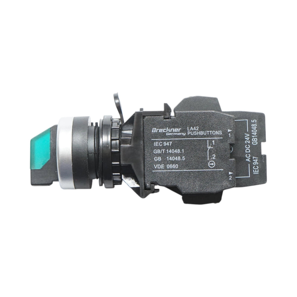 Selettore luminoso 24V AC/DC LED verde con 2 posizioni 1NO+1NC, 10A/600V AC, 1A/250V DC LA42 Breckner Germany