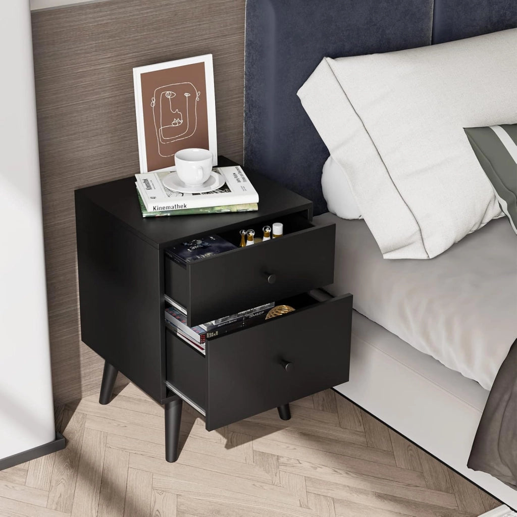 Comodino 45 x 40 x 62 cm per Camera da Letto con 2 Cassetti, Tavolino Moderno da Salotto con Solide Gambe in legno di Gomma, Mobile Salvaspazio per Soggiorno (Nero)