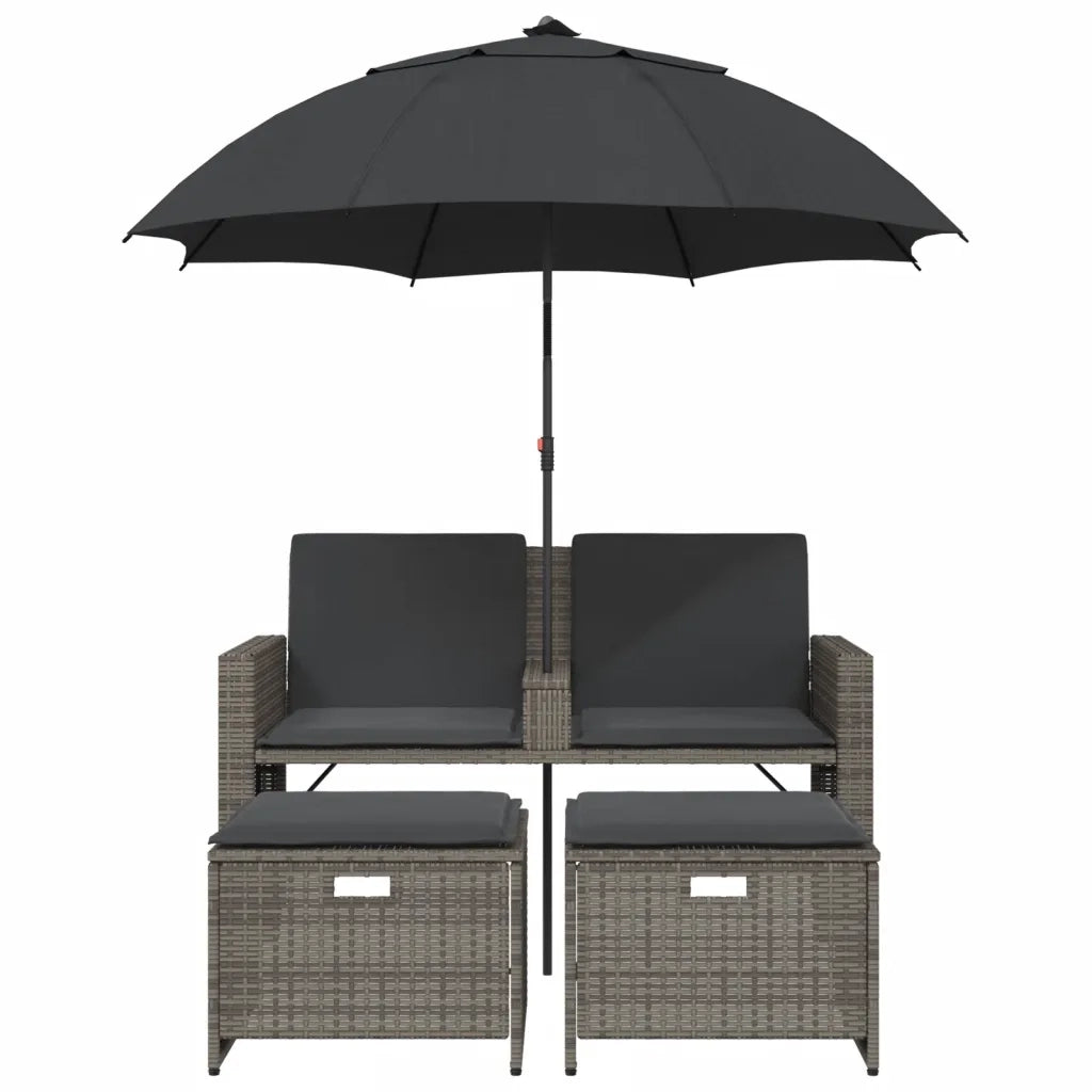 Divano Giardino 2Posti Ombrellone e Sgabelli Grigio Polyrattan 365885
