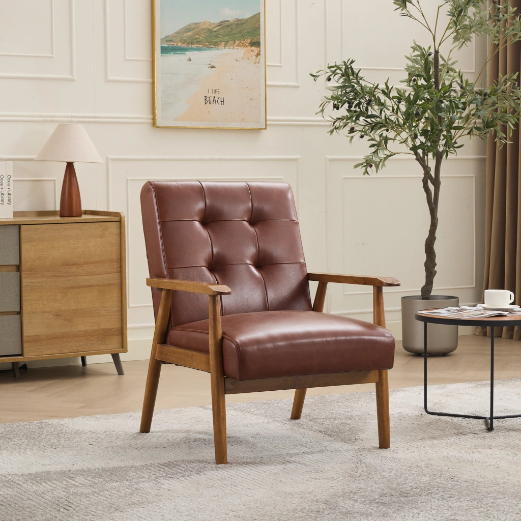 Poltrona Lounge con Schienale con Cuciture Pull-Point e Struttura Stabile, in Pelle, Legno e PVC, Marrone