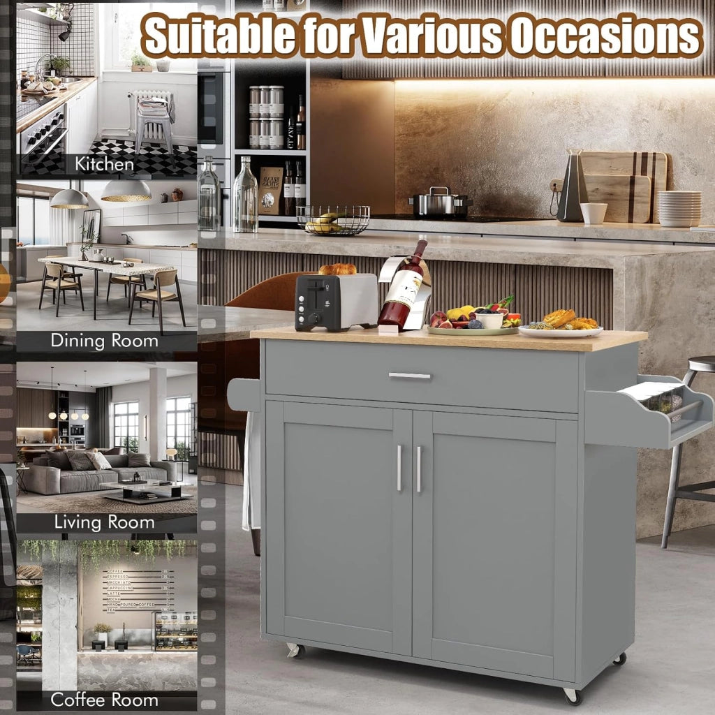 Carrello da Cucina con Ruote di Gomma, Isola Cucina con Cassetto e Ripiano Regolabile, Mobile Credenza Salvaspazio Porta Microonde, Portaspezie, Portasciugamani, 116 x 40 x 85 cm (Grigio)