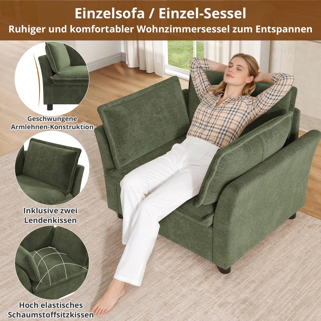 POLTRONA singola 90x81x87 cm in chenille verde con cuscini inclusi