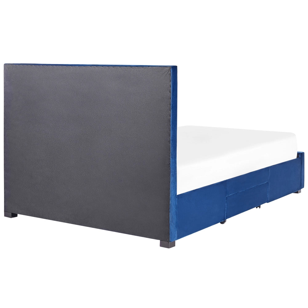 Letto contenitore tappezzeria in velluto blu 160 x 200 cm trapuntato testiera alta cassetti Glam Design