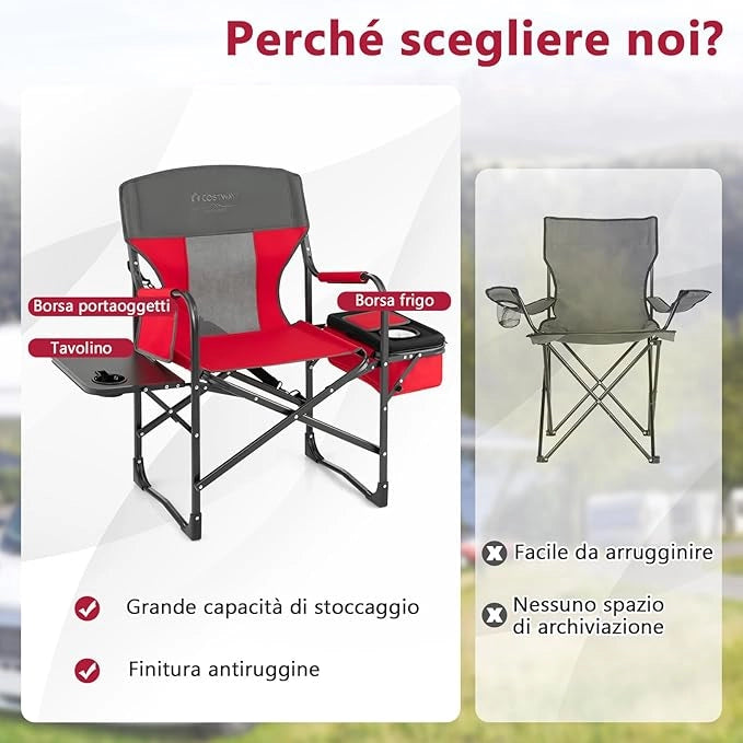 Sedia da Campeggio Pieghevole, Sedia da Regista Robusta con Tavolino, Borsa Frigo, Borsa Portaoggetti e Cinghia, Portata 180 kg, per Campeggio Escursione Pesca Picnic (Rosso)