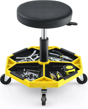 Sgabello da Officina con Ruote, con Ripiano per Attrezzi e Viti, Portata di 150 kg, Altezza Regolabile e Girevole, Sedia Meccanico per Garage, Officina (Giallo)