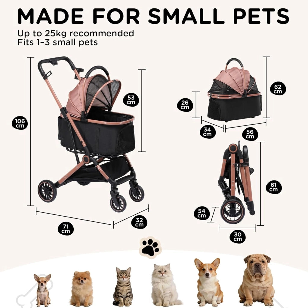 Passeggino per cani pieghevole fino a 25 kg, ruota anteriore in EVA girevole a 360°, 4 in 1, carrello pieghevole per gatti con tenda da sole regolabile a 180° e portabevande, Oro rosa