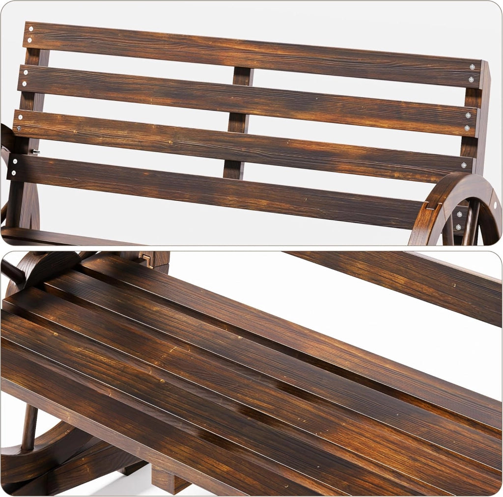 Panca da esterno a 2 posti, resistente alle intemperie, con braccioli a forma di ruota, in legno con schienale, in stile country, per patio, giardino, parco, 105.5 x 56 x 79 cm.