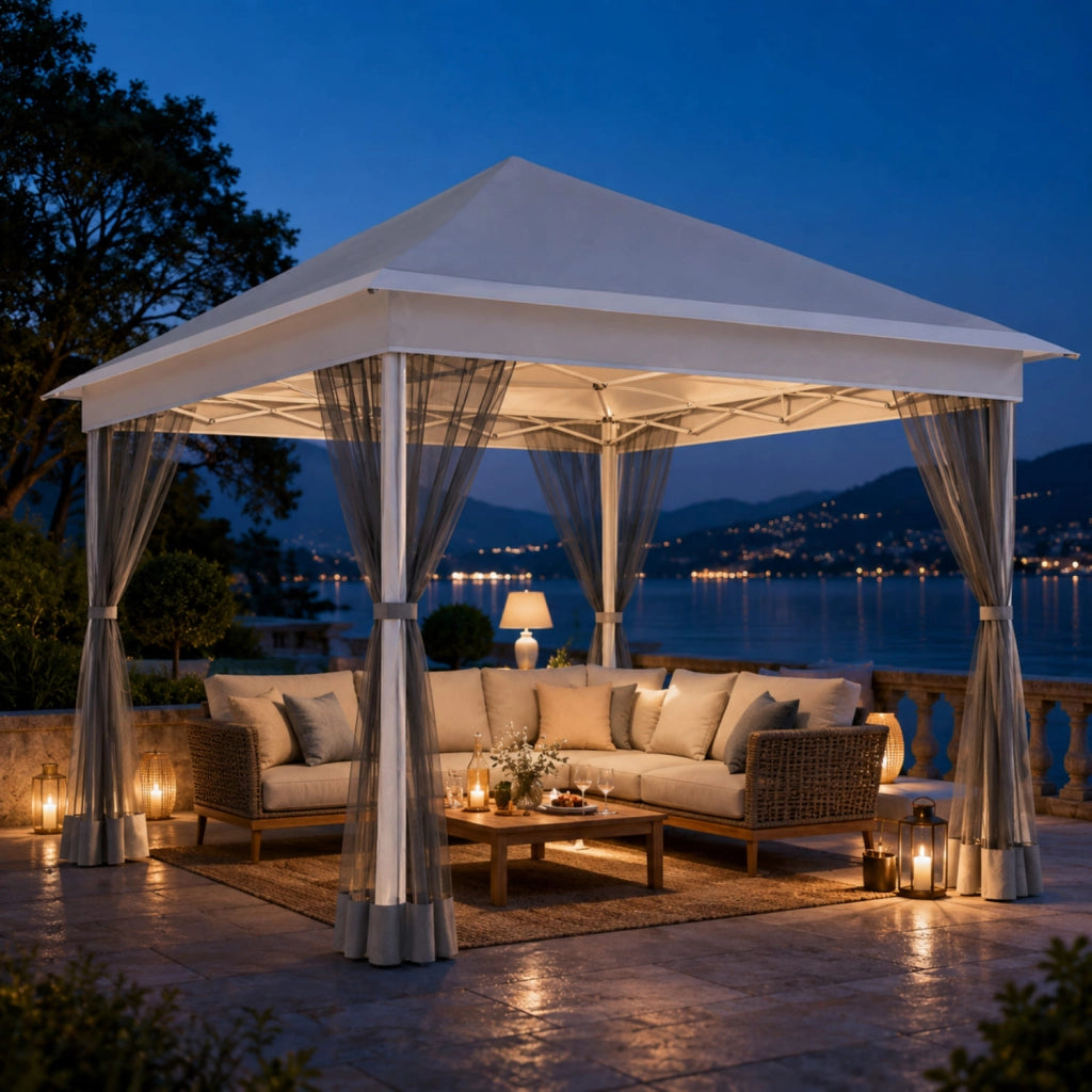 Gazebo Pieghevole Da Giardino Con Teli Zanzariera Laterali Copertura Oxford UV50+ Telaio Regolabile Pop Up Con Borsa Trasporto Outdoor 360 x 360 x 310 Cm Bianco